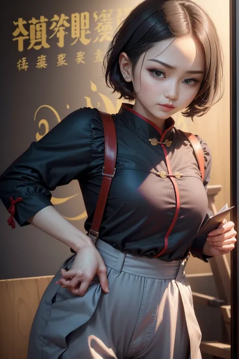 ((((Dramatic))), (((Perseverance))), (((intense))) The poster centers on a young female doctor。她confidence地站在海报中央，Wearing Chinese medicine clothing，trousers，The clothes are very neat，With a gentle expression on his face。background阴暗而粗糙，There is a sense of ...