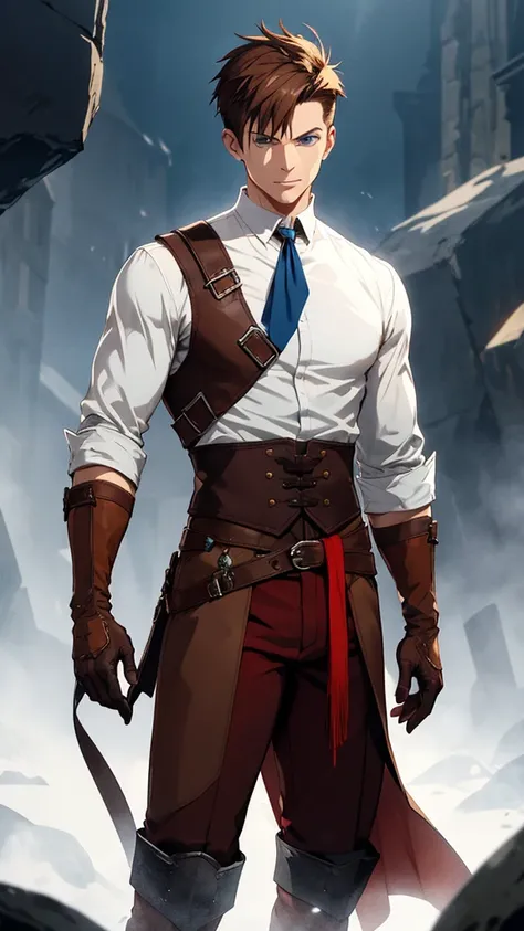 1guy, brown hair, short hair, fringe, shaved sides, blue eyes, (brown gloves + loose white shirt) tucked sleeves, dark red pants, high black boots, Eastern European nobility, action pose, high quality , detailed hands, medieval, solo, full body shot, wind ...