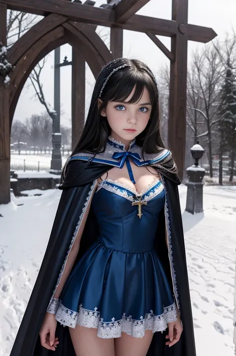 TeEn girl, evil, teenager(1.3),13 years old, teen girl, very small breats, black hair and blue eyes, detailed face, angelical face,cleavage, small breasts, dress with cape, desing with christian cross ,background in snow in prussia