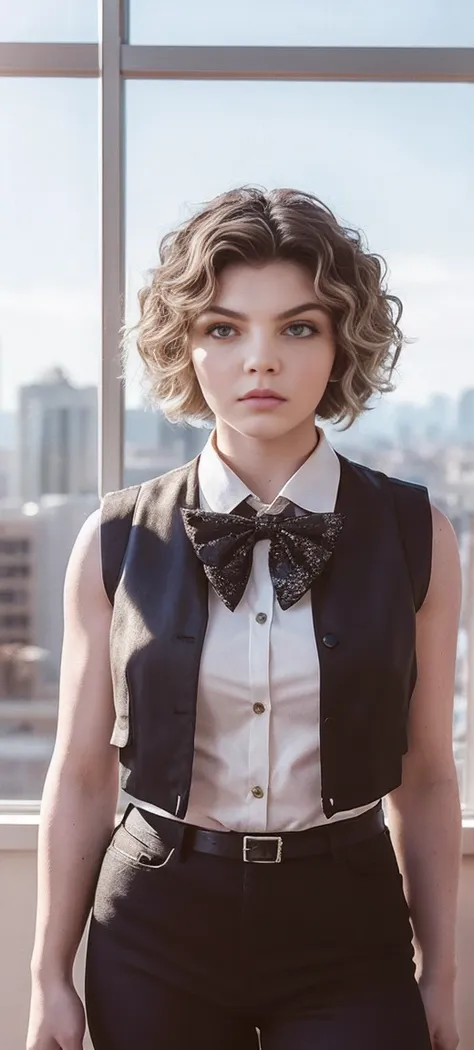 camren bicondova, 1girl, matured female, vest, bow, photo, realistic, best quality, hires, detailed face, office, buildings from...