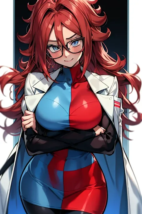 masterpiece, best quality, defa21, glasses, checkered dress, labcoat, black pantyhose, upper body, large breasts, smile, blush, happy, furrowed brow, looking at viewer, closed mouth, countertop, science, beakers, microscope, crossed arms, red hair, scarlet...