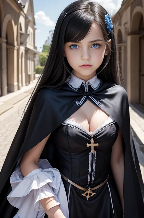 TeEn girl, evil, teenager(1.3),13 years old, teen girl,very small breats, black hair and blue eyes, detailed face, ,cleavage, dress with cape, desing with christian cross ,background in prussia
