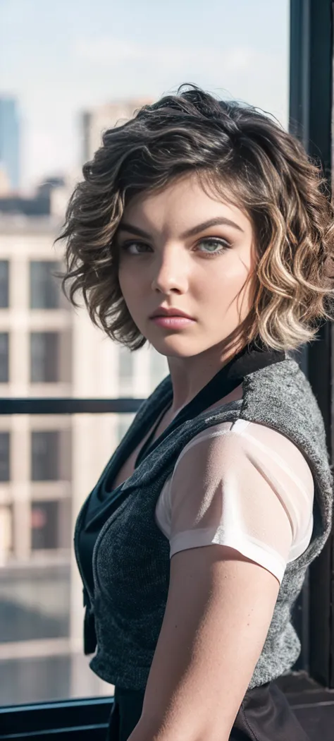 camren bicondova, 1girl, matured female, vest, bow, photo, realistic, best quality, hires, detailed face, office, buildings from...