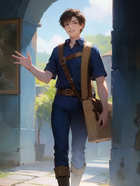 masterpiece, best quality, rpg character art, epic fantasy art style, 1 man, Aldric, 18 year old man, youthful appearance, skinny, normal build, smiling and waving to villagers, full body fantasy concept art, short dark black hair, black eyes, high detail,...