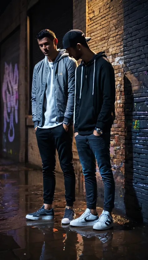 (two using street casual clothes for him),
city at night,
smoth colors,
smoth light,
dark grey color grading,
casual shoes match colors,
casual watch,
wet street,
sub urban street,
walls made with bricks,
graffiti,