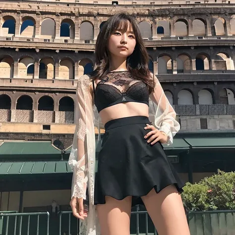 One Japanese woman、
Cute Japanese woman、
20 year old beautiful Japanese woman、
The woman is facing the photographer、
Lace bra、
Lace panties、
Sheer mesh blouse、
Sheer mesh skirt、
Roman Colosseum、