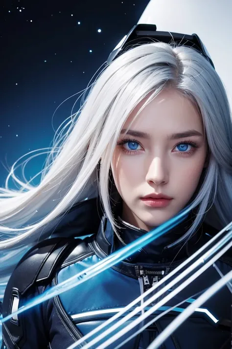 woman and ,Golden-white hair,blue eyes,,,Black space suit