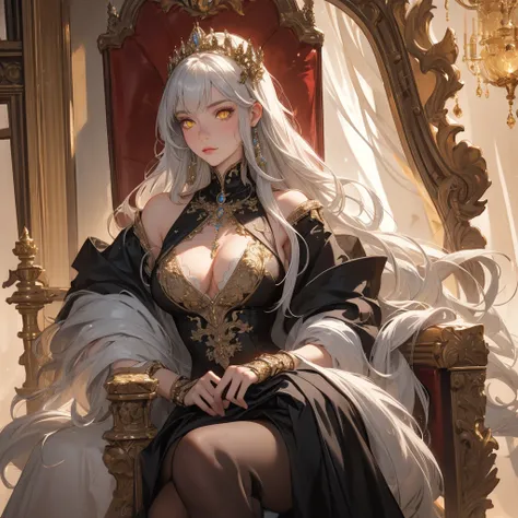 (best quality,realistic)A regal princess sits on the throne of her castle, her expression serious and commanding. She is adorned in highly detailed royal attire with a distinct sci-fi style, combining elegance with futuristic elements. Her long, flowing si...