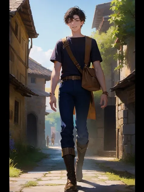 masterpiece, best quality, rpg character art, epic fantasy art style, Aldric, 18 year old man, youthful appearance, skinny, normal build, smiling and waving to villagers, full body fantasy concept art, short dark black hair, black eyes, high detail, (commo...