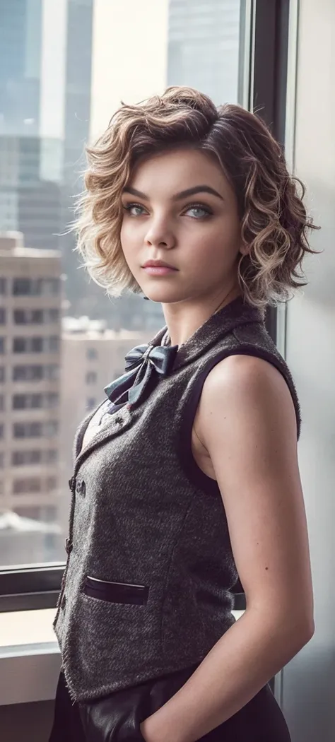 camren bicondova, 1girl, matured female, vest, bow, photo, realistic, best quality, hires, detailed face, office, buildings from...