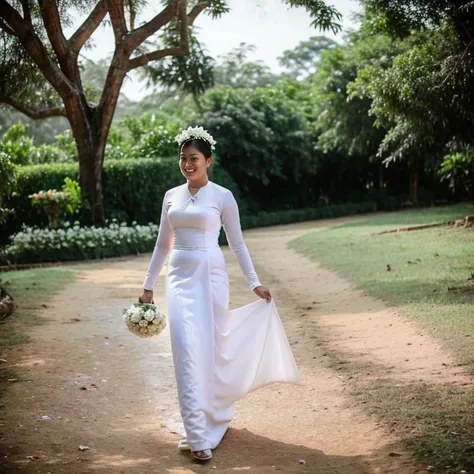 A 6-foot-tall woman in a white wedding dress, long white gloves, and a white garland is going to the wedding ceremony.A Burmese female school teacher attends a wedding.