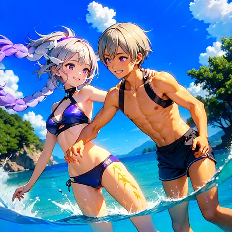 Disorganized、Man and woman couple、highest quality、Masterpiece、Official Art、16K、The best composition、The best light source、The girl has milky white hair with purple inner color, twin long braids, and is wearing a black and purple bikini.、The man had short m...