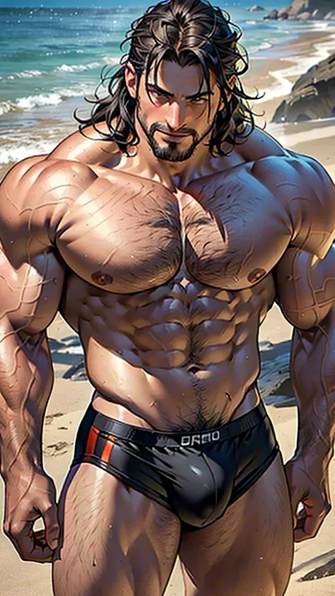 Joe Manganiello , super bodybuilder, shirtless, very hot male, beach underwear, big nipples, hairy chest, hairy abdomen, hairy groin, hairy arms, big bulge, hyper realistic style, erotic, 3 meters tall bodybuilder, oversized biceps are 240 inches, with lon...