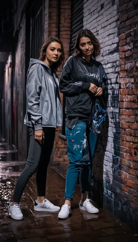 (two using street casual clothes for her),
city at night,
smoth colors,
smoth light,
dark grey color grading,
casual shoes match colors,
casual watch,
wet street,
sub urban street,
walls made with bricks,
graffiti,