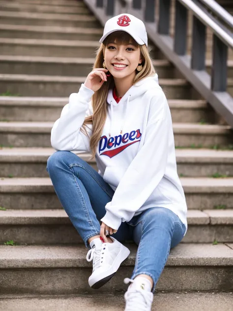 Highest quality, Realistic, Highly detailed, Fine details, High resolution, 8k wallpaper, Beautiful 25 year old woman, Sitting on the stairs、Oversized red_white PEPSI hoodie, Skinny jeans, White sneakers、Wearing black socks、Blonde long hair、Beautiful bangs...