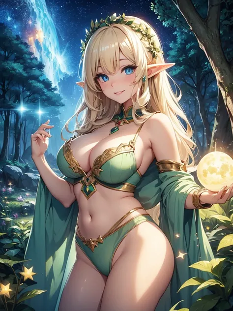 Beautiful Elf Woman  beautiful eyes
　Beautiful Underwear   
　Light　Blonde　smile　forest　magic　Masterpiece Night　Starry Sky　Magic sexy, extremely beautiful 22歳　Big Breasts Beautiful Eyes、