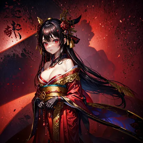 World of Crimson Red, Girl dressed as a geisha in red, Very beautiful kimono, Large-scale murals, Multi-layer dimensions, Red Sky, Red Japanese architecture, Red gradient, Anime Wallpaper Cute Red Lantern Girl, Highly detailed face, cute, In the style of a...