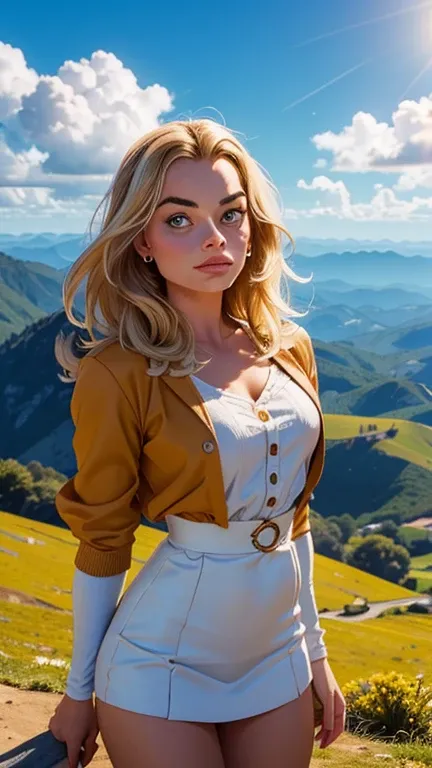 mais alta qualidade, Obra de arte, fundo altamente detalhado, (((Montanha Majestosa Vista traseira de Margot Robbie subindo uma colina, Margot Robbie, Bunda pequena, magro))) (((Roupas estilo esquir de inverno))), Uma pessoa olhando a paisagem sob a luz do...