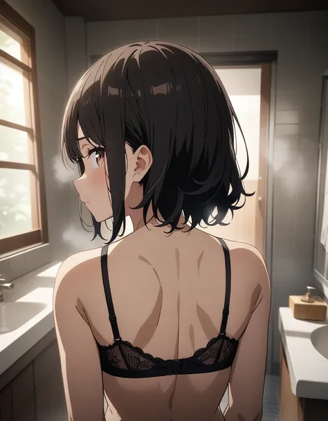 masterpiece, best quality, very aesthetic, absurdres, 1girl, beautiful face, brown eyes, black medium hair, bra, panties, unhook your bra, thong, bathroom, steam, key visual, highly detailed, looking at viewer, back view