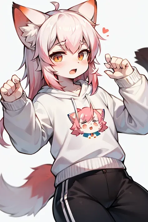 Cat，Facial Expressions，comics，hairy，hairy的，Bust Avatar，White sweatshirt with colorful pattern，Black casual pants，White Stripes，Q version，Lovely，simple art style，Cartoon Style，yawn，tension，ears red hair, White hair on ear tips，Pink hair on back，tail blue，Ti...