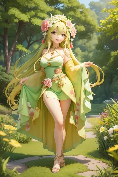 Natural forest in the background，The flower goddess has a hot and sexy body, Second Dimension, Bright and brilliant, Very cute face, Abundant bloom