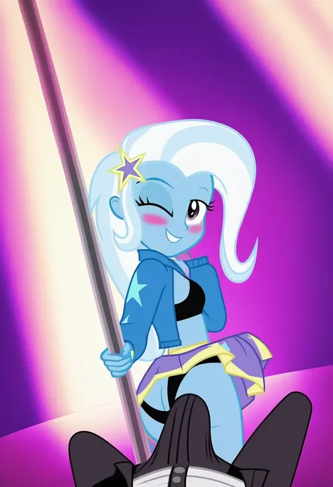 explicit, score_9, solo, equestria_girls, cute, sweet, wink, one_closed_eye, strip club, male_pov, stripper, stripper pole, kissing, cartoon, blushing, trixie_lulamoon, skirt_lift, black_panties, black_bra unbuttoned_shirt, trixie_lulamoon_sticking_out_ass...