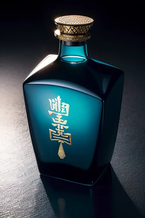 "Generate a 3D rendered image of a high-quality, intricate, and elegant Chinese liquor bottle for Xingde Baijiu. The bottle should have a total height exceeding 25 centimeters with a shorter neck. Both the body and the cap of the bottle are made of opaque ...