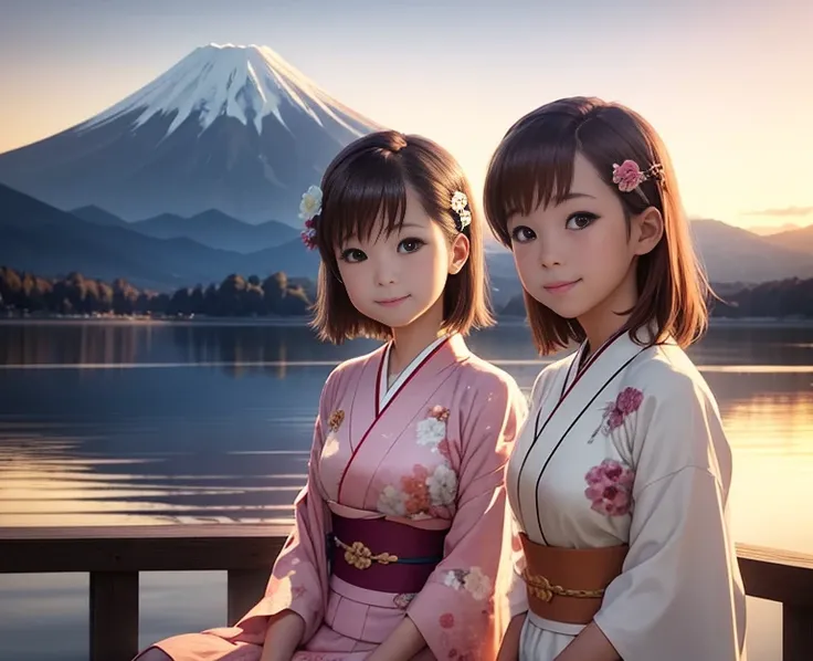 highest quality、Lakeside in front of the mountain、Mt fuji、summer、evening、The sunset sky is beautiful、outside of home、Young girl、Smile on screen、Detailed beauty、picnic、Open the parasol、kimono、taisho roman 