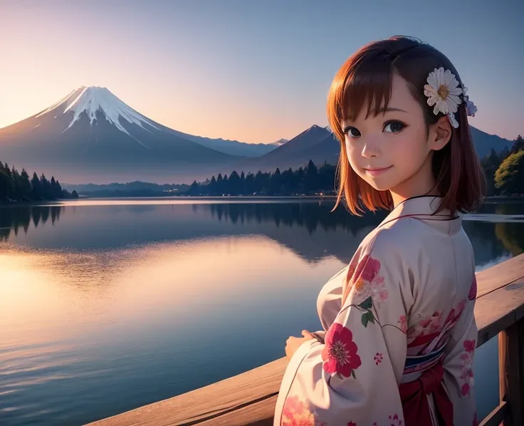 highest quality、Lakeside in front of the mountain、Mt fuji、summer、evening、The sunset sky is beautiful、outside of home、Young girl、Smile on screen、Detailed beauty、picnic、Open the parasol、kimono、taisho roman 