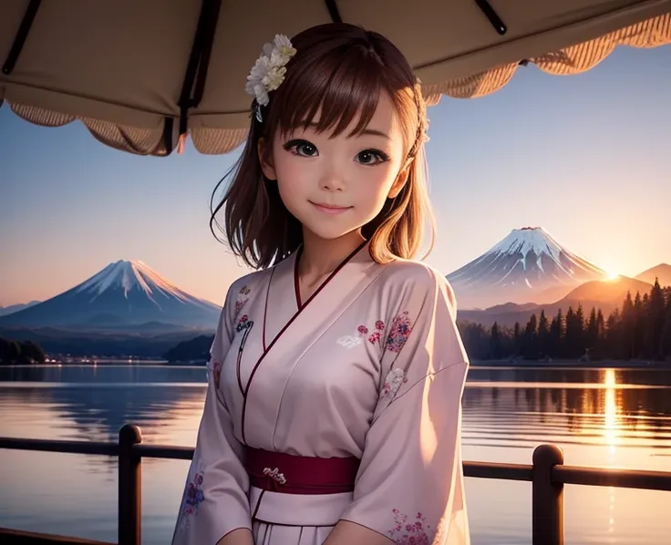 highest quality、Lakeside in front of the mountain、Mt fuji、summer、evening、The sunset sky is beautiful、outside of home、Young girl、Smile on screen、Detailed beauty、picnic、Open the parasol、kimono、taisho roman 