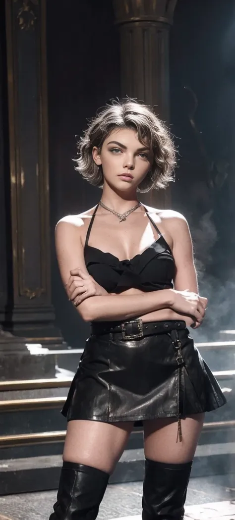 camren bicondova, masterpiece, best quality, highres, elizabeth, 1girl, jewelry, single thighhigh, silver hair, hair over one ey...