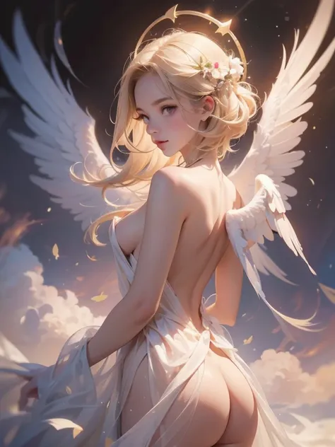 masterpiece, highest quality, Very detailed, 16k, Ultra-high resolution, Cowboy Shot, 12-year-old girl, Detailed face, Perfect Fingers, Angel halo on head, Golden Eyes, blonde, short hair, Angel wings growing on your back, (naked:1.3), Above the Clouds, te...