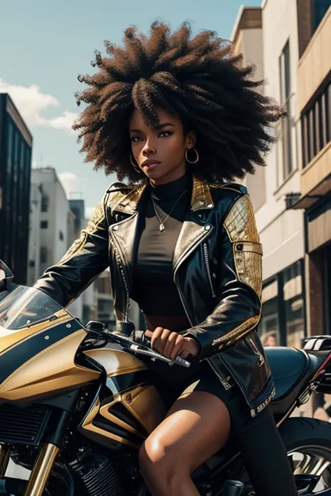 Create a beautiful motorcycle rider. hair in the wind, afro, black, fitness, jacket, gold details, riding a motorcycle through the city.