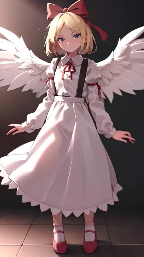 masterpiece, best quality, 1girl, solo, 10 years old, medium blonde hair, forehead visible bangs, hair flaps, ribbon on head, well-formed face, blonde eyes, angel girl, nehru collar, white blouse, long sleeves, red ribbon, angel wings, red thick suspenders...