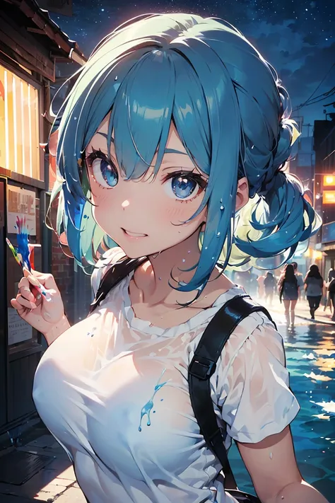 (((Beach))), (((Blue pastel hair))), ((Blue plain t-shirt)), Morning sky, Anime Girls,(Sexy ass), peace sign,Grinning face, (Big Breasts:1.2),((Upward glance:1.3, Perfect Eyes , レインボーは超detailedなGradient Eyeを輝かせます:1.1, Gradient Eye:1, Beautiful detailed eye...