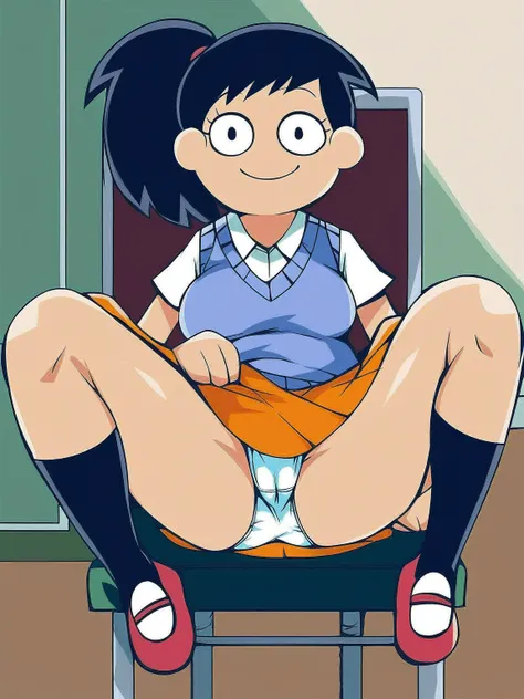 akiko, 1girl, black hair, solo, ponytail, sweater vest, , orange skirt, socks, shirt, short sleeves, shoes, smile,looking at viewer, american dad,dot pupils, panties, sitting on chair, spread legs, skirt lift, upskirt view , cameltoe, smiling,