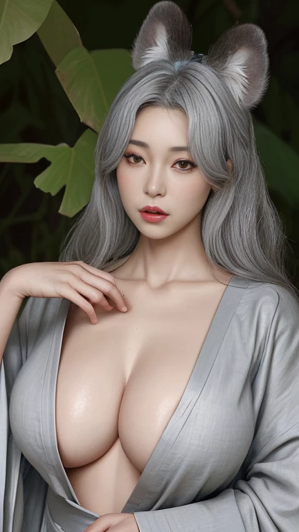 Gorilla, ear on head, beautiful girl,gray hair, big breasts, wearing a bare-chested kimono, sexy post,by jungle.