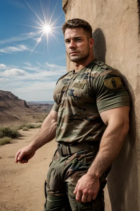 Wide Angle，8K True-to-Life Picture Quality, Handsome, man, blue eyes，Wearing tight camouflage clothing, Soldier, , barracks, Big bulge, muscular, Pectoralis major，Swelling of chest muscles，Excellent J8, Be broad-minded,Perfect facial details，Sexy and charm...