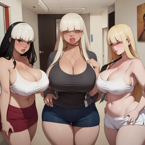    female、1 male、(european:1.2)、(blonde)、(Super beautiful)、(beautiful face:1.5)、30 year old womanl、gray blazer、(short skirt)、white shirt、large bedroom inside mansion (A single black man laying on his back, in-bed wearing shorts, in-center of composition) A...