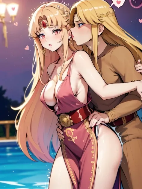 blonde very long hair, red eyes, wearing a sexy pink dress, side slit, ultrasharp, looking at the viewer, ((best quality)), ((masterpiece)), (detailed), perfect face, big breast, sexy body, sexy woman besides her, hugged, An anime scene of two girls huggin...