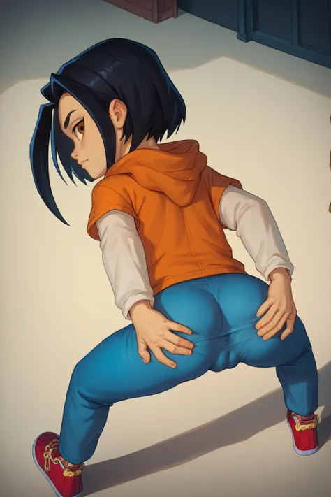 score_9, score_8_up, score_7_up, standing, jadechan, short black hair, solo, detailed brown eyes, looking at viewer, 1girl, orange hoodie, long white sleeves, blue pants,  Sneakers, things clothes, back view, ass, ass focus, spread ass, ass zoom in, camelt...