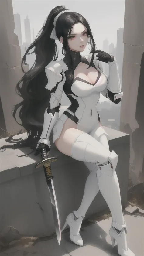 Female with long black hair, ponytail, chest, cleavage, white tights, white sci-fi armor, high-heeled shoes, katana sword, apocalyptic ruined city