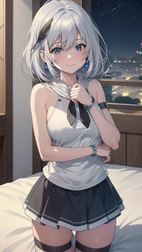 masterpiece, best quality, 1 solo girl, silver hair, blue eyes, short hair, medium breasts, sexy body and face, wavy hair, smile...