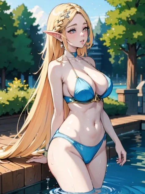 blonde very long hair, red eyes, wearing a sexy blue bra, ultrasharp, looking at the viewer, ((best quality)), ((masterpiece)), (detailed), perfect face, big breast, sexy body, with hearts and sparkles floating around her as she stands in a pool of water