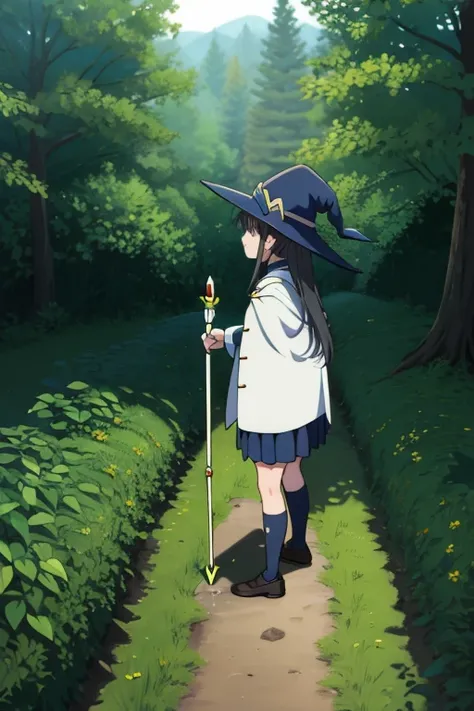 nanoha、uniform、skirt、Long Hair、Cape、Witch Hat、Magic wand、in the forest