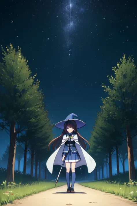 nanoha、uniform、skirt、Long Hair、Cape、Witch Hat、Magic wand、in the forest、Looking up at the sky、Sad face