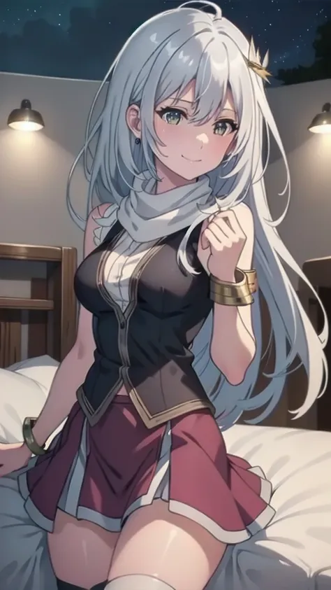 masterpiece, best quality, 1 solo girl, silver hair, yellow eyes, long hair, medium breasts, sexy body and face, wavy hair, smile, sleeveless shirt, scarf, black thigh-high, mini skirt, pendant, bracelet, jewelry, earrings, feather hair ornament, book, lyi...