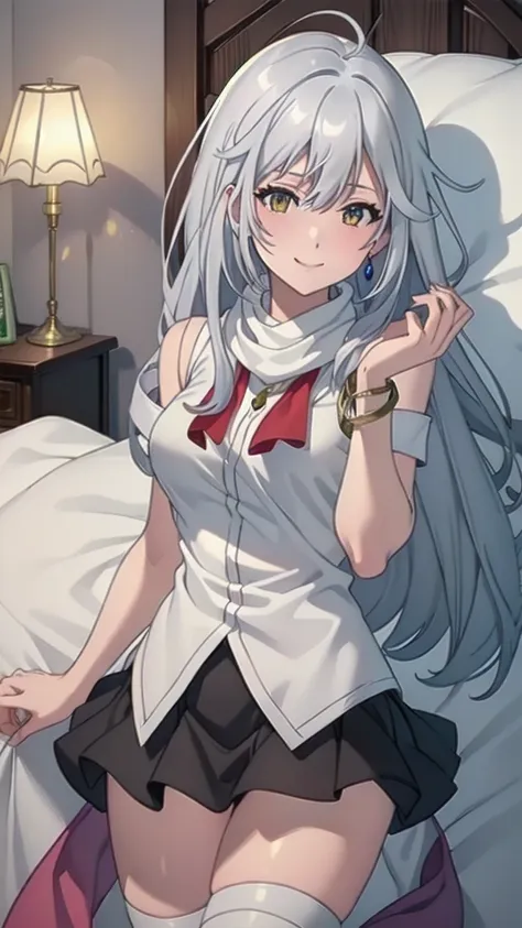 masterpiece, best quality, 1 solo girl, silver hair, yellow eyes, long hair, medium breasts, sexy body and face, wavy hair, smile, sleeveless shirt, scarf, black thigh-high, mini skirt, pendant, bracelet, jewelry, earrings, feather hair ornament, book, lyi...