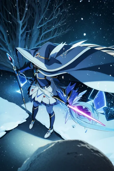 nanoha、uniform、skirt、long hair、cape、witch hat、magic wand、in the forest、in combat、ice magic