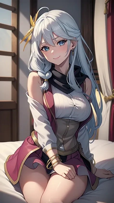 masterpiece, best quality, 1 solo girl, silver hair, yellow eyes, long hair, medium breasts, sexy body and face, wavy hair, smile, sleeveless shirt, scarf, black thigh-high, mini skirt, pendant, bracelet, jewelry, earrings, feather hair ornament, book, lyi...